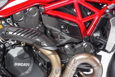 Carbon Ilmberger exhaust heat shield on the manifold Ducati Monster 1200